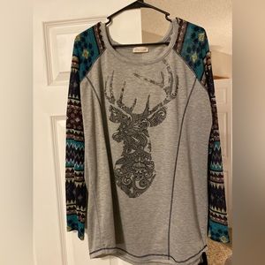 Deer head top- blue multi